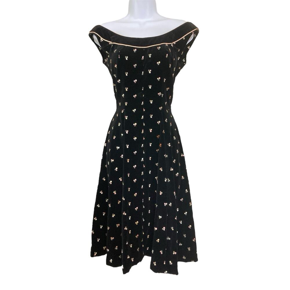 Vintage 60s Black Velvet Embroidered Party Cocktail Mod Betsey Midi Dress 2/4